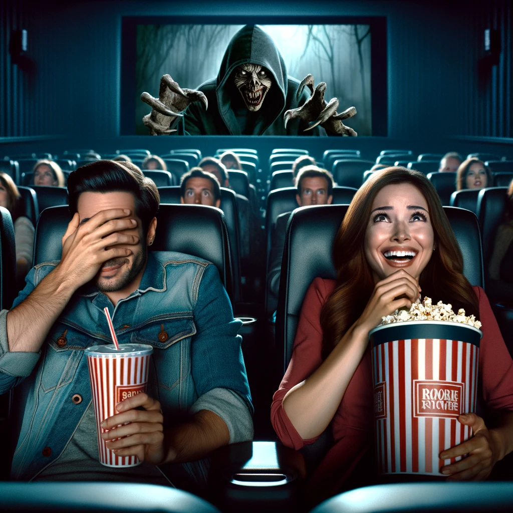 Movie Choice Fail: A couple in a movie theater. One person is terrified, hiding their eyes during a horror movie, while the other is thoroughly enjoying it. The scared person looks uncomfortable and is peeking through their fingers. The other person is smiling, focused on the screen with a bucket of popcorn. The setting is dimly lit, capturing the ambiance of a movie theater, with rows of seats and a large screen visible in the background. The screen shows a spooky scene from the movie. Caption: "When you let your date pick the movie and immediately regret it."