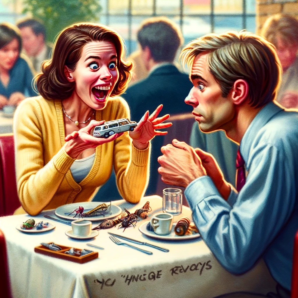 The Hobby Reveal: An image of a date where one person is animatedly talking about a bizarre or very niche hobby, with the other person looking bewildered and slightly scared. The enthusiastic person is holding a small, strange object related to their hobby, gesturing excitedly. The other person is sitting across the table, with a look of confusion and a hint of fear, as they lean back slightly. The setting is a cozy, casual restaurant with other diners in the background. Caption: "Discovering your date's 'unique' hobbies."