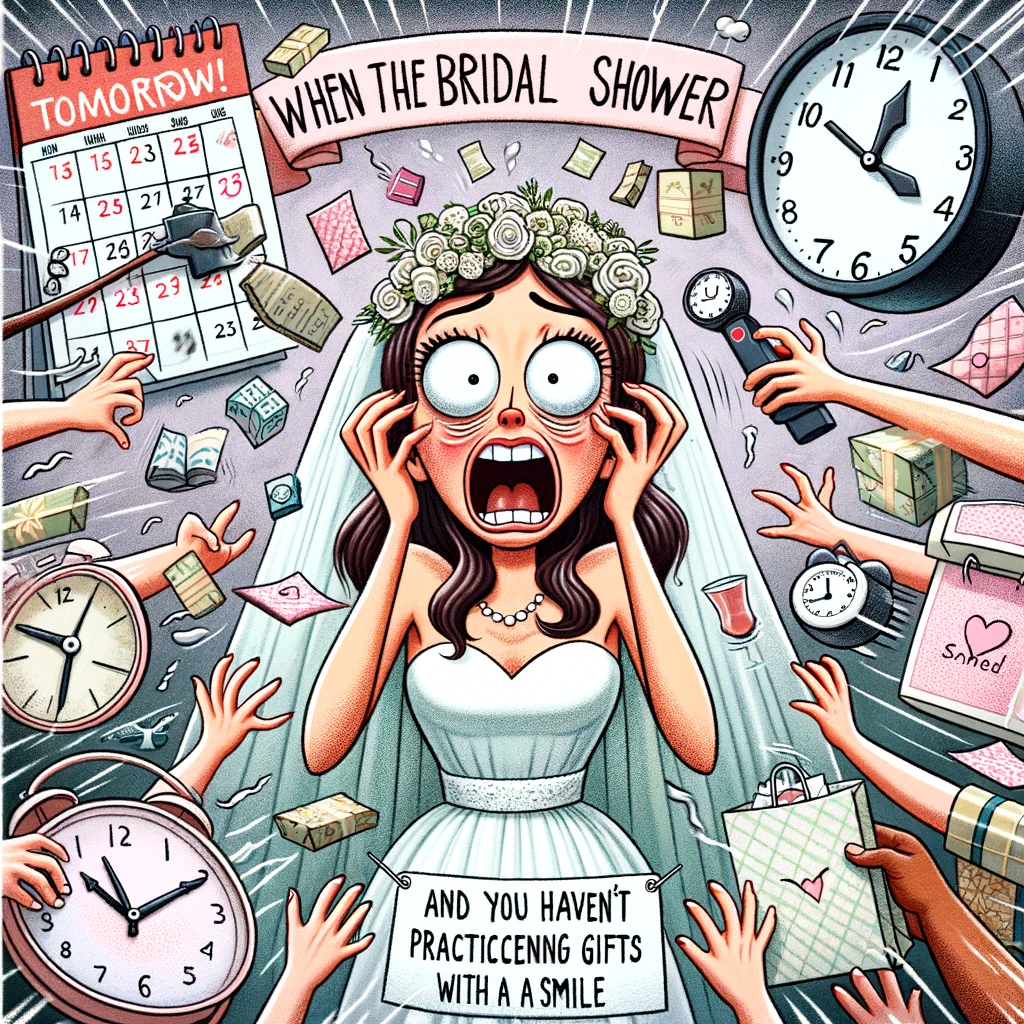 A bride with a panicked expression surrounded by a calendar and clocks showing time ticking down. The bride looks hilariously panicked as she realizes the bridal shower is tomorrow. She is surrounded by visual representations of time running out, like rapidly moving clock hands and pages flying off a calendar. The scene captures the humorous urgency and surprise. Caption at the bottom: "When you realize the bridal shower is tomorrow and you haven't practiced opening gifts with a smile."