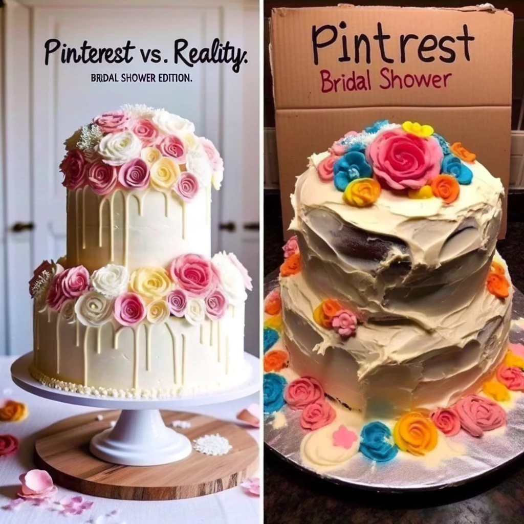 A photo of a beautifully decorated bridal shower cake on one side, and a failed attempt at recreating it on the other side. The well-decorated cake is elegant and artistic, while the failed attempt is comically bad, with uneven icing and mismatched colors. The comparison is humorous and stark, highlighting the gap between expectation and reality in cake decorating. Caption at the bottom: "Pinterest vs. Reality: Bridal Shower Edition."