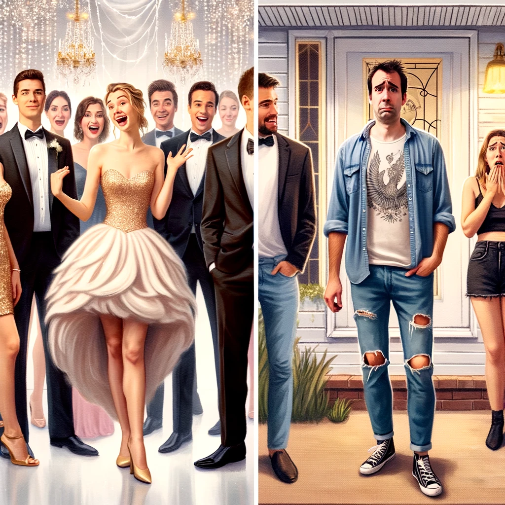 A split image showing a group of guests in fancy dresses on one side and one guest in casual attire with a confused look on the other side. The fancy group is dressed in elegant, chic outfits, looking sophisticated and ready for a formal event. On the other side, the casually dressed guest is in jeans and a t-shirt, looking bewildered and out of place. The contrast between the two sides is comical and highlights the confusion in dress codes. Caption at the bottom: "When the invite says 'chic' but you heard 'chill'."