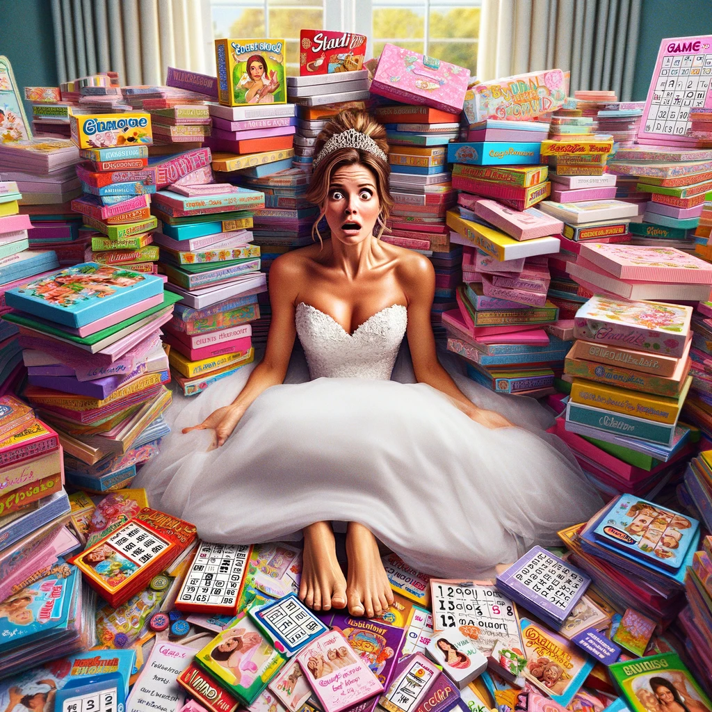 An image of a bride sitting amid a mountain of bridal shower games, looking overwhelmed. She is surrounded by stacks of game cards, bingo boards, and other typical bridal shower games. The bride's expression is one of surprise and slight frustration, humorously capturing the overwhelming amount of games. The scene is exaggerated to emphasize the humor, with games piled high around her. Caption at the bottom: "When you thought bridal showers were just about gifts and cake."