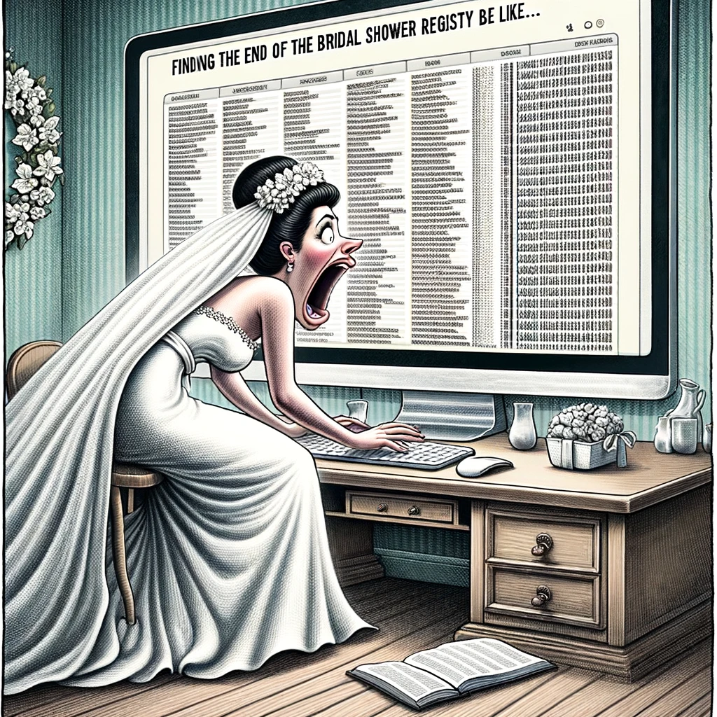 A comical image of a bride scrolling through an endless gift registry list on a computer, with an exaggerated expression of shock. The bride is sitting in front of a computer screen, which displays a seemingly infinite list of gift items, scrolling down endlessly. Her expression is one of amazement and humor, capturing the overwhelming feeling of navigating a long registry. The scene exaggerates the length of the registry to add a comedic effect. Caption at the bottom: "Finding the end of the bridal shower registry be like..."