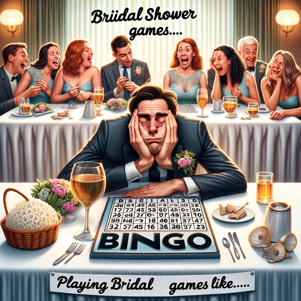 A picture of a guest playing bridal bingo, trying to stay awake, while others are excitedly engaged. The guest is seen struggling to keep their eyes open, sitting at a table with a bingo card in front of them. The scene humorously contrasts their boredom with the enthusiastic participation of other guests around them, who are eagerly marking their cards and enjoying the game. The bored guest's expression and posture suggest they are finding it hard to maintain interest. Caption at the bottom: "Playing bridal shower games like..."