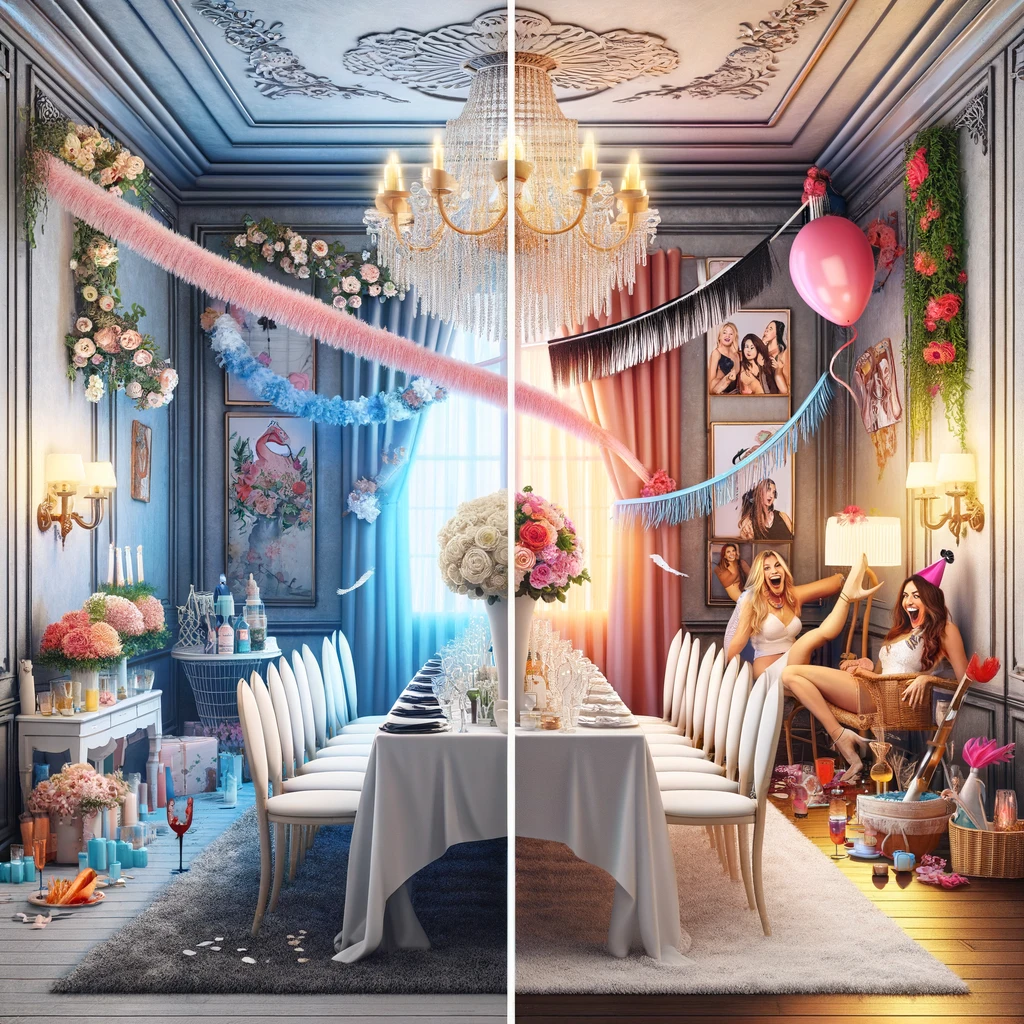 A funny image showing half of the room decorated in elegant, classy decor and the other half in wild, party-themed decor. The image humorously captures the clash of two different themes. One side of the room is tastefully decorated with sophisticated, classy elements like floral arrangements and elegant table settings. The other side is wildly decorated with party streamers, balloons, and vibrant colors, giving off a bachelorette party vibe. The contrast between the two halves is stark and amusing. Caption at the bottom: "When you can't decide between a classy bridal shower or a bachelorette party."