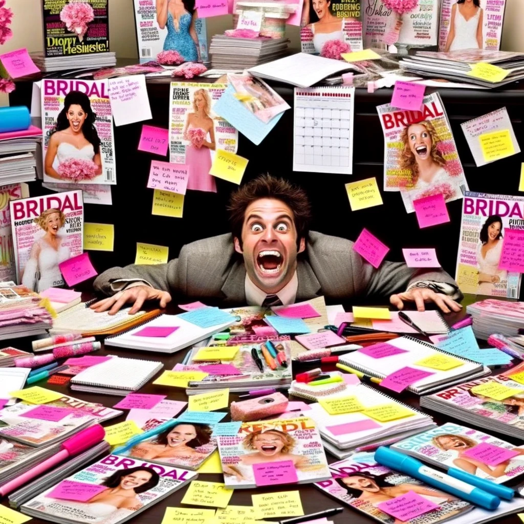 A meme featuring a person with an excessive amount of bridal magazines, sticky notes, and planning tools, looking maniacally excited. The person is surrounded by stacks of bridal magazines, notepads filled with plans, and an array of planning tools like pens, highlighters, and calendars. Their expression is one of intense enthusiasm and slight craziness, humorously depicting someone who is overly invested in planning. The scene is exaggerated to emphasize their over-the-top planning obsession. Caption at the bottom: "That one bridesmaid who takes planning the bridal shower a little too seriously."