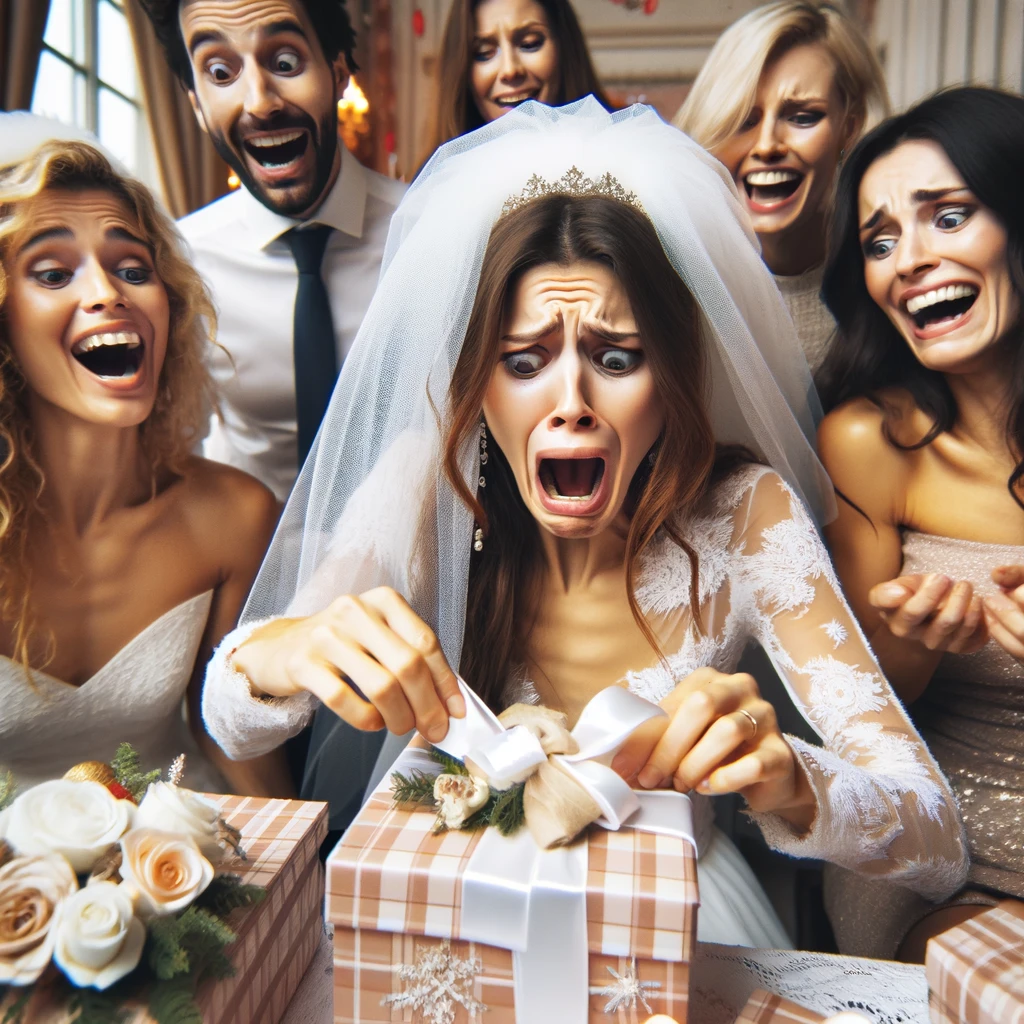 An image of a bride opening a gift with a shocked and confused expression, while the guests look on with amusement. The bride is in the process of unwrapping a gift, her face showing a mix of surprise and confusion. The guests around her are smiling and laughing, clearly amused by her reaction. The gift itself is partially visible, adding to the intrigue and humor of the situation. The scene captures the unexpected and humorous moment at a bridal shower. Caption at the bottom: "When you receive a gift at your bridal shower that's definitely not on your registry."