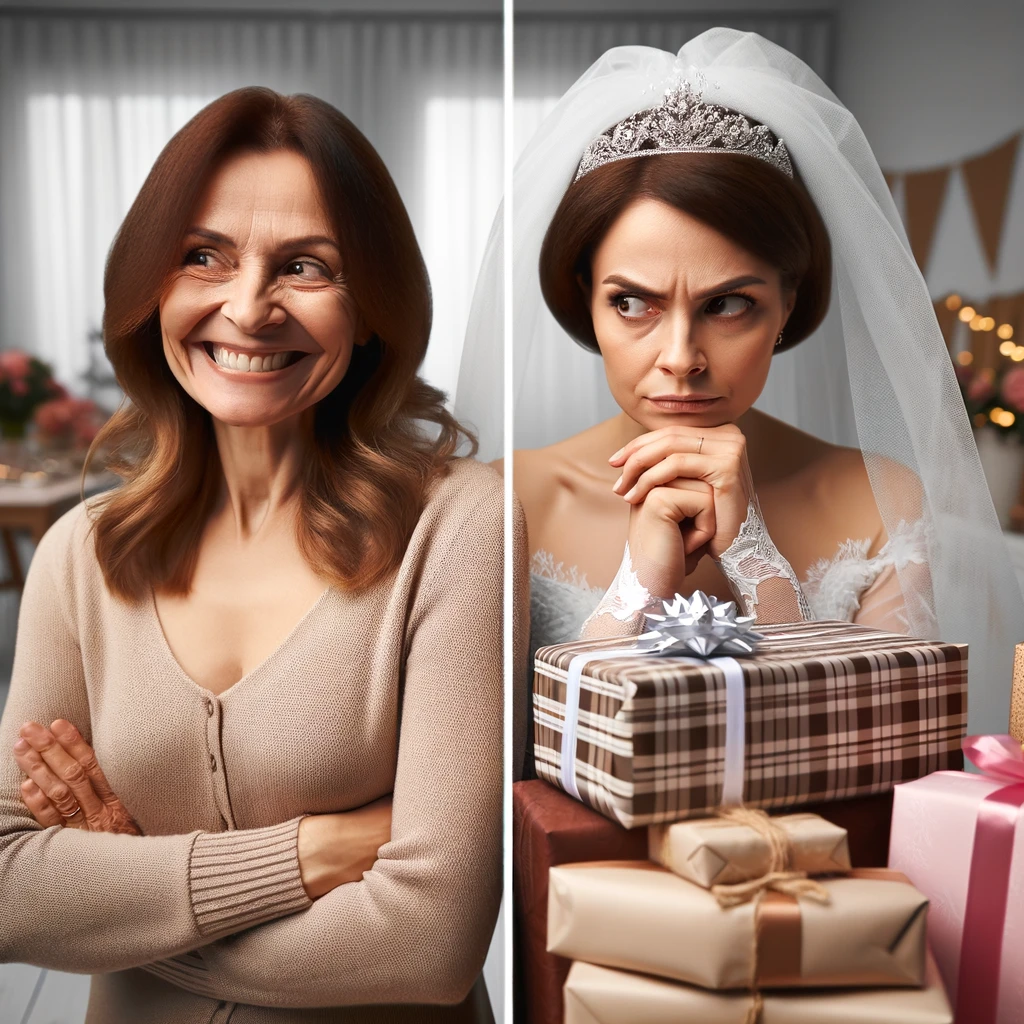 A split image of a bridal shower scene. On the left side, a sweet, smiling mother-in-law with a friendly demeanor. On the right side, the same mother-in-law giving a stern, protective look to the bride, closely guarding a pile of bridal shower gifts. The scene should clearly show the contrast in her behavior. Caption at the bottom: "When your mother-in-law insists on 'helping' with every part of the bridal shower."