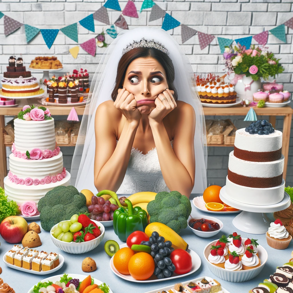 A comical image of a bride surrounded by healthy food like fruits and vegetables, but she's longingly staring at a table full of cakes, pastries, and sweets in the background. The bride should have a humorous expression of desire and restraint. The setting is a festive bridal shower with decorations. Include a caption at the bottom of the image: "Bridal shower diet: Look at the cake, eat the salad."