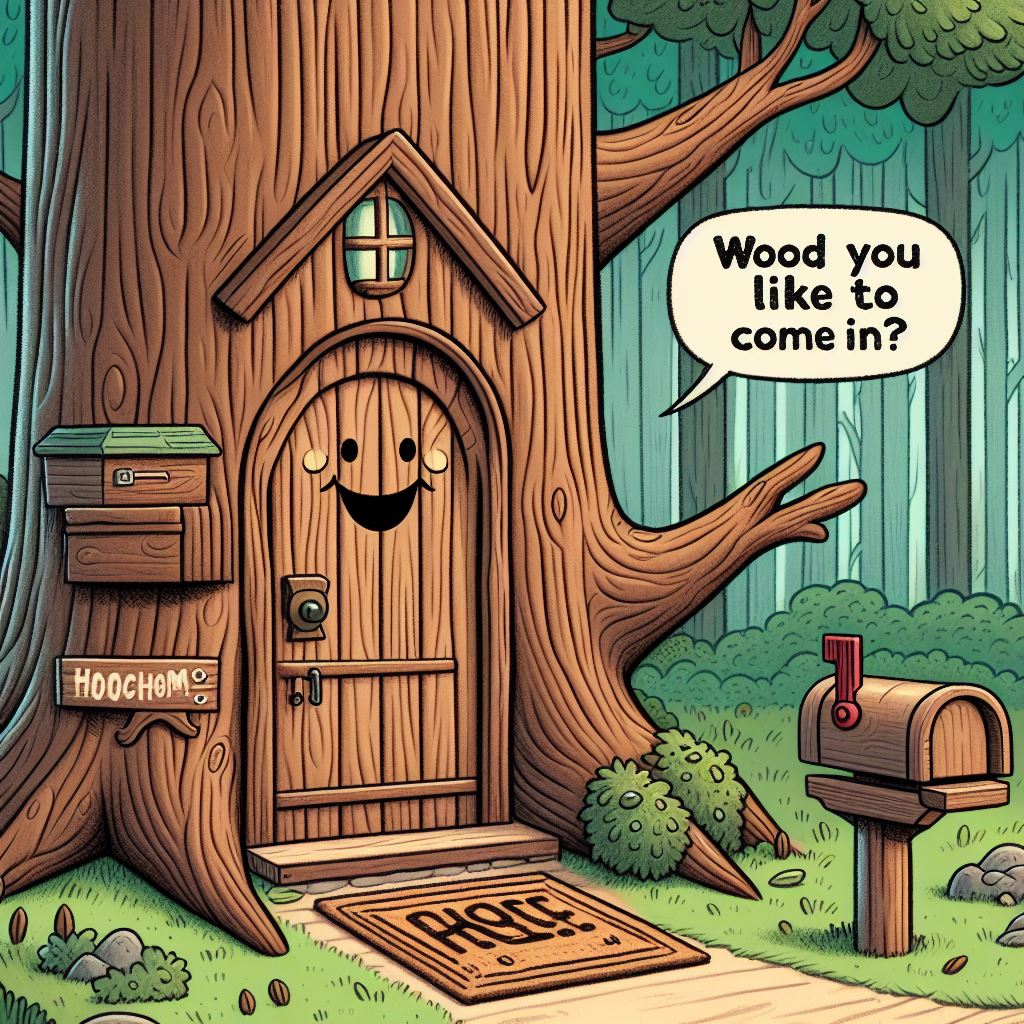 A whimsical forest scene where a tree trunk has a door and windows, resembling a cozy house. A mailbox and a welcome mat are in front. A smiling tree with branches like arms is waving. The caption jokes, 'Wood you like to come in?'