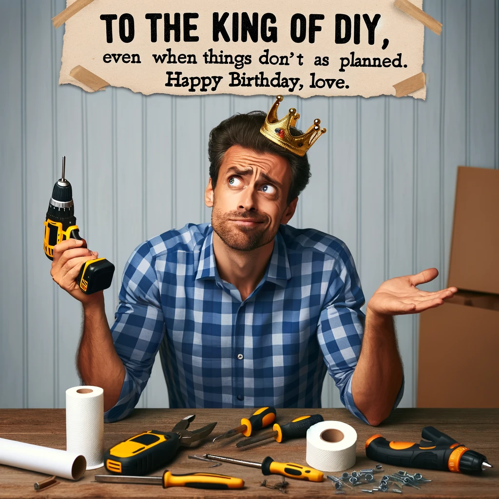 An image of a man proudly displaying a somewhat failed DIY project or looking puzzled with a tool in hand. Caption: "To the king of DIY - even when things don’t go as planned. Happy Birthday, love!"