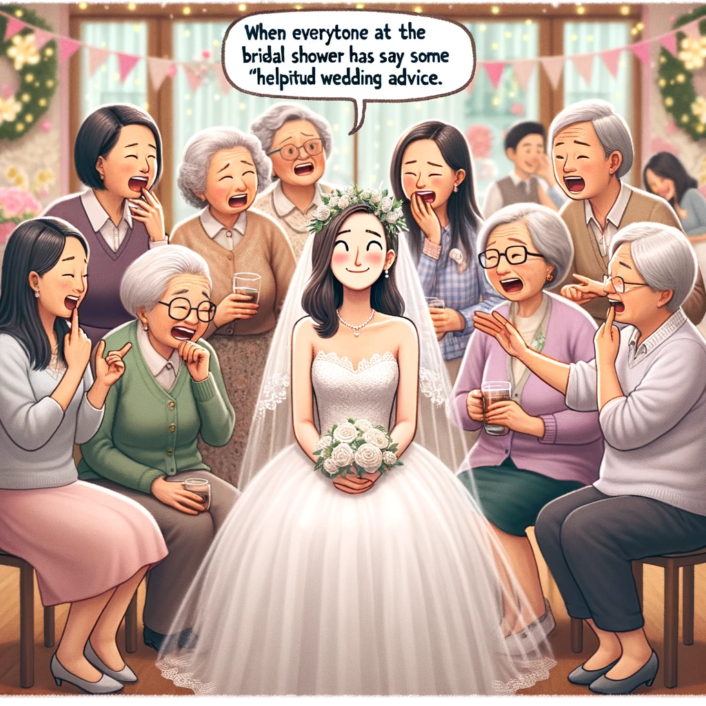 A bride sitting and smiling politely, surrounded by a group of older relatives, all animatedly talking at once and giving unsolicited advice. The bride should appear slightly overwhelmed but maintaining a courteous smile. The setting is a lively bridal shower, with festive decorations in the background. Include a caption at the bottom: "When everyone at the bridal shower has some 'helpful' wedding advice."