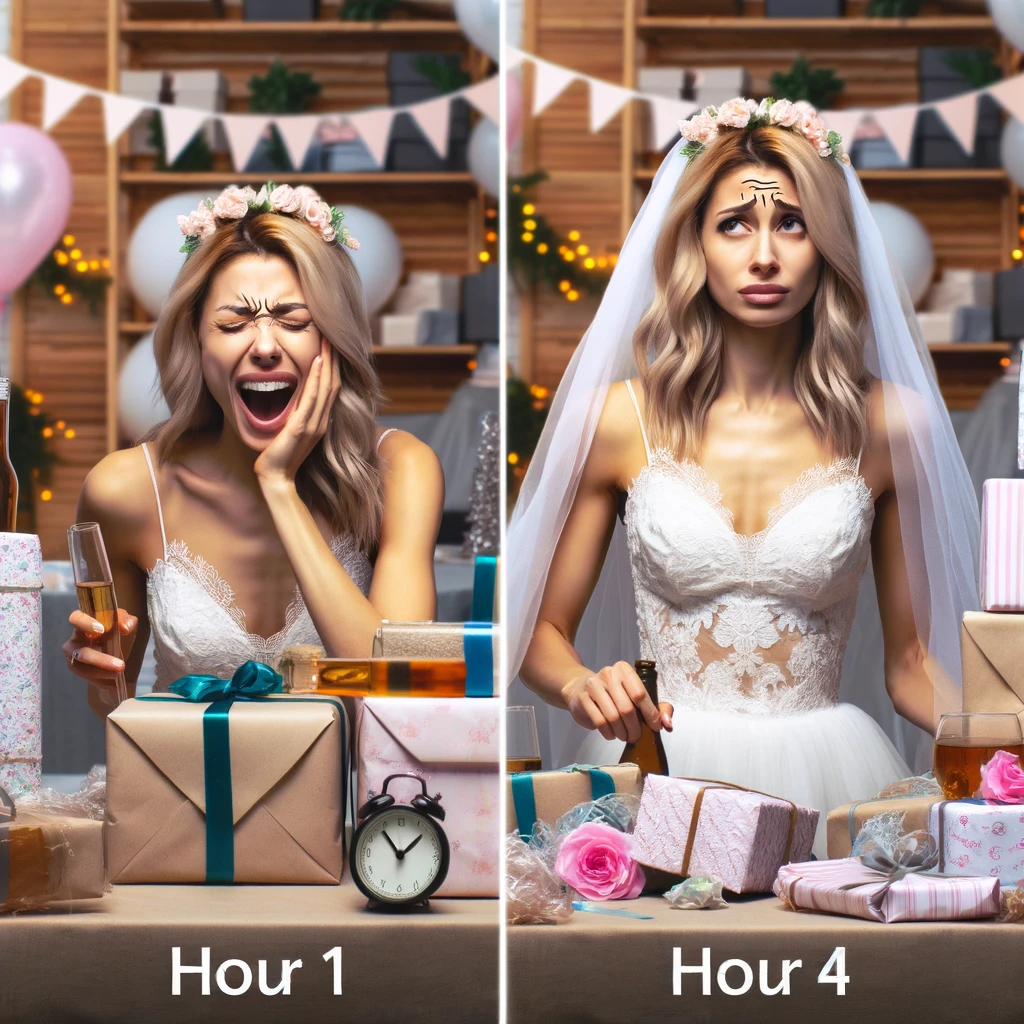 A time-lapse style image showing a bride at a bridal shower, beginning to unwrap gifts looking fresh and enthusiastic, and ending looking exhausted and overwhelmed. The image should transition from left to right, showing the progression of time and her changing expressions. The setting includes a pile of unwrapped gifts and festive decorations. Include a caption at the bottom: "Hour 1 vs. Hour 4 of opening bridal shower gifts."