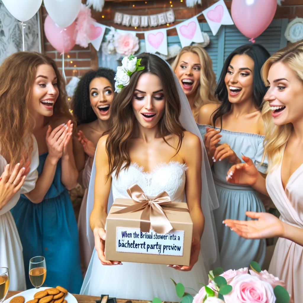 An image showing a bride at her bridal shower, receiving a mischievous gift that hints at the upcoming bachelorette party. The bride should look surprised and amused, while the guests around her are giggling and looking excited. The atmosphere should be fun and playful, with bridal shower decorations visible. Include a caption at the bottom: "When the bridal shower turns into a bachelorette party preview."