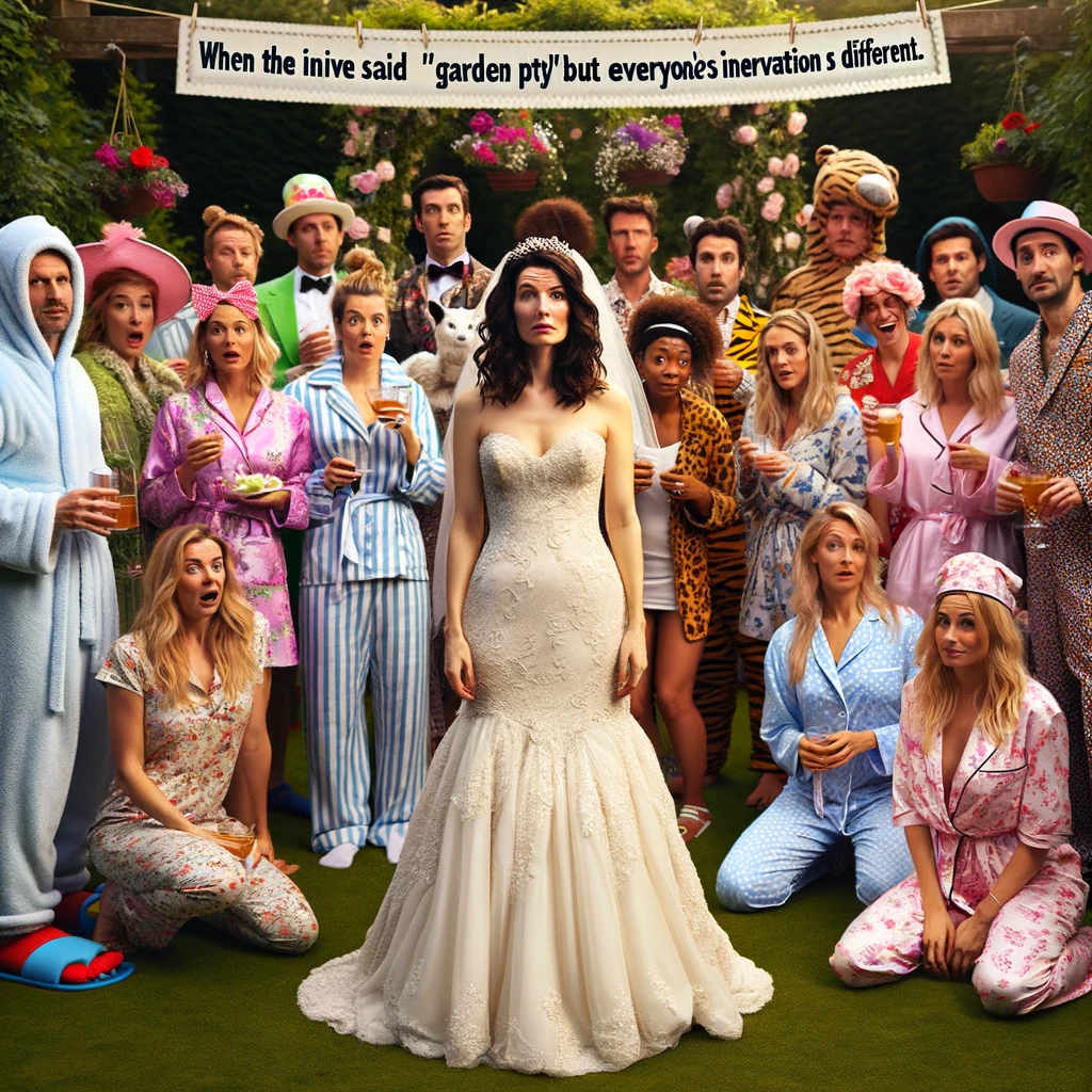 A funny image of a bride in an elegant dress surrounded by guests who misunderstood the theme of the bridal shower, dressed in a variety of outfits ranging from costumes to pajamas. The bride should look amused and slightly bewildered. The setting is a garden party, but the guests' attire varies wildly, adding to the comical effect. Include a caption at the bottom: "When the invite said 'garden party' but everyone's interpretation was different."