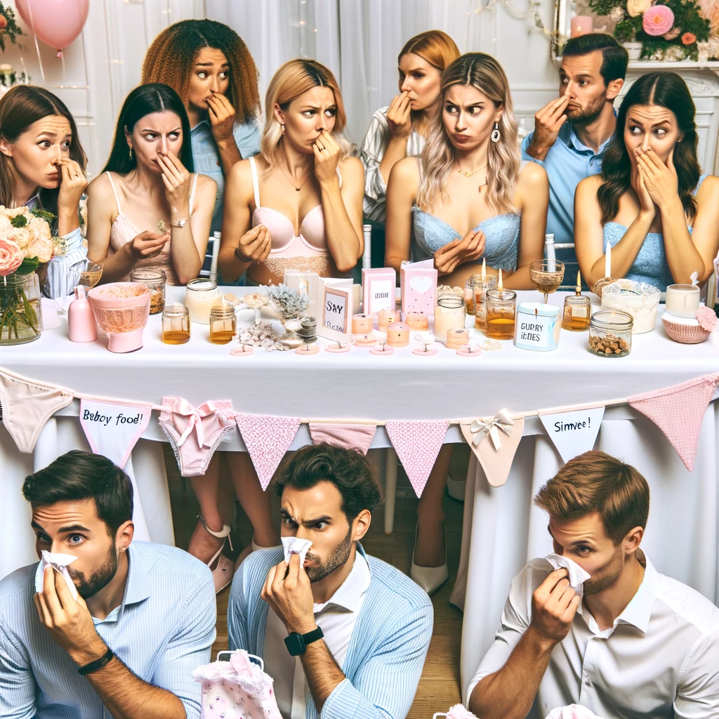 A picture of guests at a bridal shower playing awkward games with hesitant and awkward expressions. Some are smelling various baby foods, while others are guessing lingerie sizes. The atmosphere is a mix of fun and embarrassment, with guests looking both amused and uncomfortable. The setting includes bridal shower decorations and game props. Include a caption at the bottom: "That moment when bridal shower games get a little too personal."