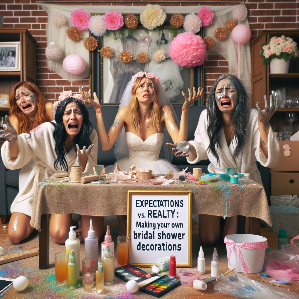 An image of a bride and her bridesmaids attempting a DIY decor project for a bridal shower, but ending up covered in glitter and paint. They should look a mix of frustrated and amused. The scene shows a messy table with DIY materials like glue, fabric, and paints scattered around. The setting is a home environment with bridal shower decorations. Include a caption at the bottom: "Expectation vs. Reality: Making your own bridal shower decorations."