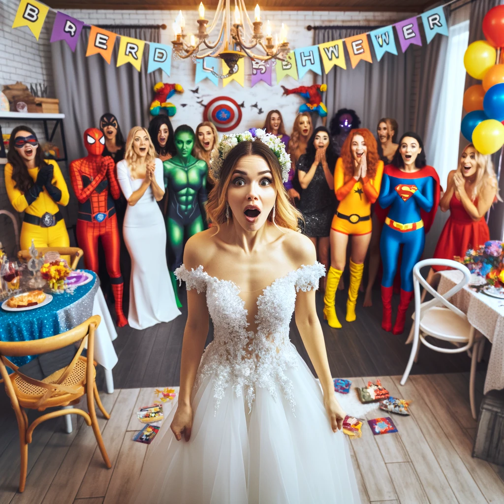 A surprised bride walking into a room decorated with a superhero or sci-fi theme, with guests in colorful costumes. The bride looks shocked and amused, seeing the unexpected decor. The room is festively decorated, with banners and themed decorations. Caption: "When your bridesmaids surprise you with a bridal shower that's a little too 'you'."