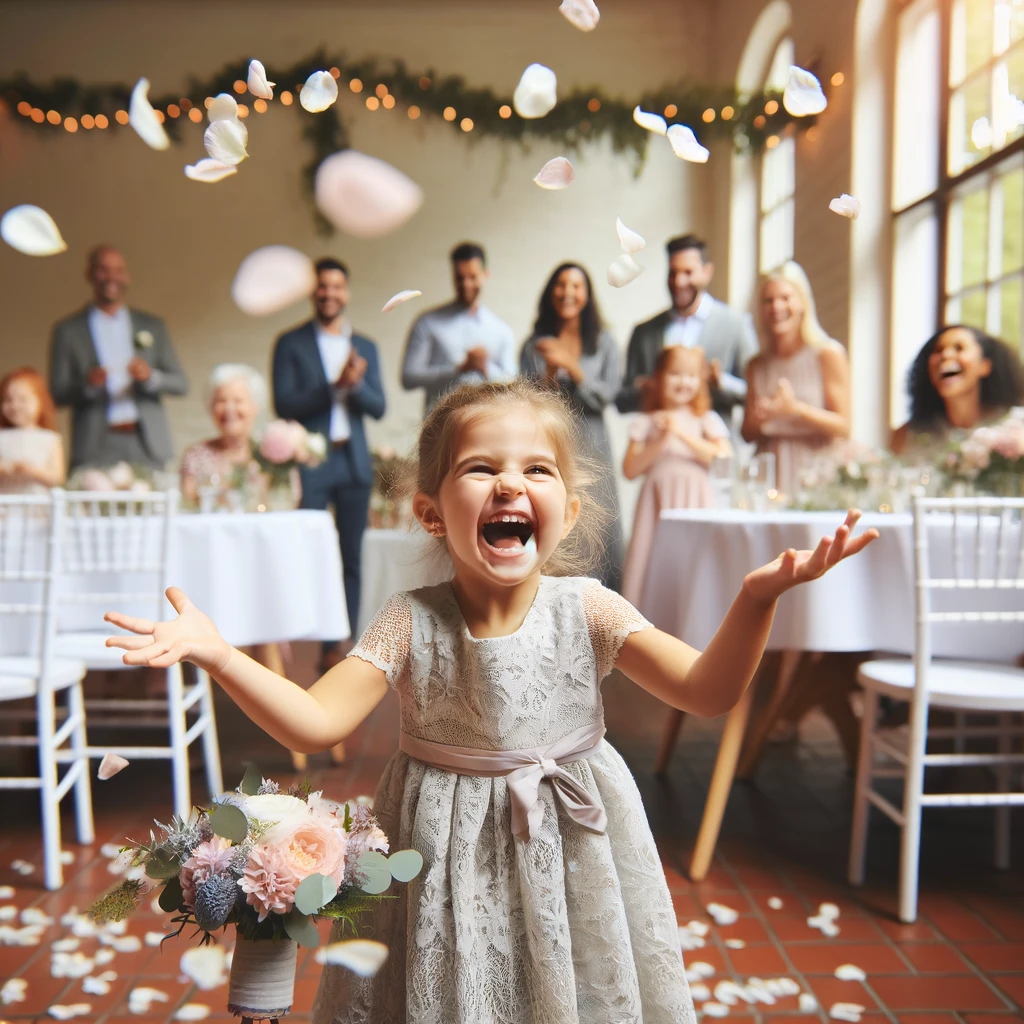 A cute little flower girl at a bridal shower, overly excited and throwing flower petals everywhere. The girl is in a cute dress, with a big smile, joyfully tossing petals in the air. The room has bridal shower decorations, and guests smiling at her enthusiasm. Caption: "When the flower girl takes her job VERY seriously."