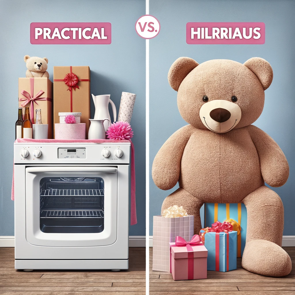 A split image showing two bridal shower gifts. On one side, a practical but boring gift like a kitchen appliance, presented in a plain way. On the other side, a bizarre or humorous gift, like a giant teddy bear or a novelty item, wrapped in a funny way. The contrast between the two gifts is evident. Caption: "The bridal shower gift dilemma: practical vs. hilarious."