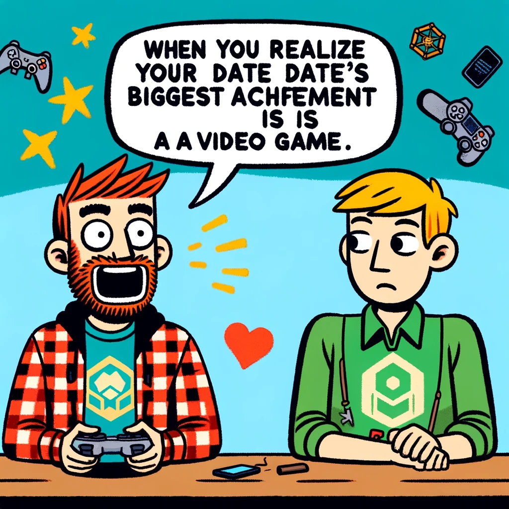 The Video Game Confession: A comical image of a person enthusiastically talking about their video game achievements, while their date looks utterly confused and uninterested. The gamer is animated, with a passionate expression, possibly holding a gaming controller or wearing a gaming-themed t-shirt. The other person has a blank, uninterested look, maybe glancing away or checking their phone. They are seated in a casual setting, like a coffee shop, with a few gaming paraphernalia visible around the gamer. Caption: "When you realize your date's biggest achievement is in a video game."