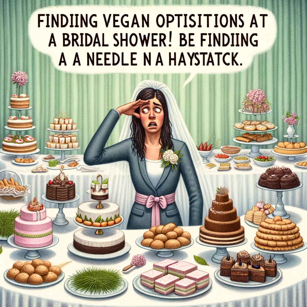 An image of a vegan guest at a bridal shower, surrounded by non-vegan foods like cakes and sandwiches. The guest looks confused and a bit disappointed, searching through the food. The table is lavishly decorated with traditional bridal shower foods. Caption: "Finding vegan options at a bridal shower be like finding a needle in a haystack."