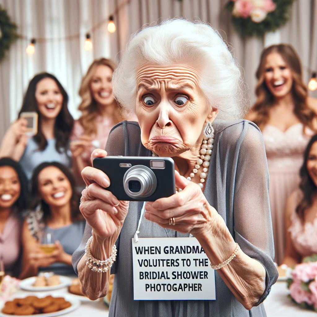 A humorous image of an older relative, like a grandmother, trying to use a smartphone or modern camera at a bridal shower. She looks confused and is holding the device awkwardly, trying to take a photo. The background shows a bridal shower setting with guests smiling at her attempt. Caption: "When grandma volunteers to be the official bridal shower photographer."