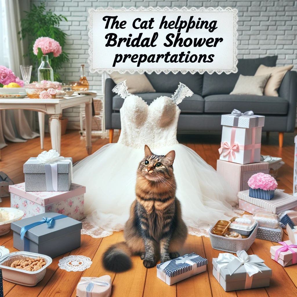 A comical image of a cat sitting in the middle of bridal shower preparations. The cat is on top of a wedding dress, gifts, or in the middle of the food, looking content. The surrounding area shows a bridal shower setup in progress, with decorations and items being arranged. Caption: "The cat helping with bridal shower preparations."
