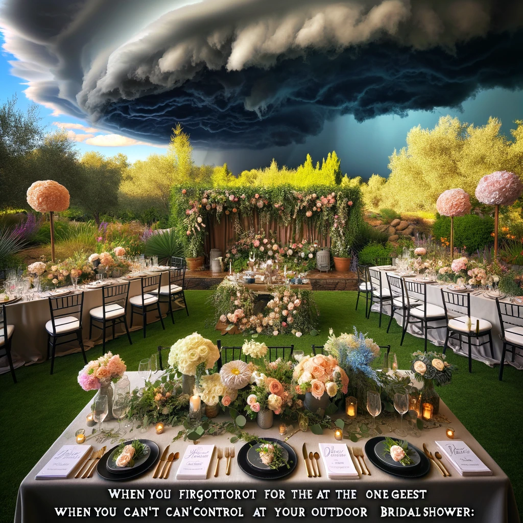 An image of a beautifully planned outdoor bridal shower with dark storm clouds rolling in. The setting includes decorated tables, floral arrangements, and a garden-like environment. The contrast between the sunny, festive decor and the looming storm clouds creates a dramatic scene. Caption: "When you forget to plan for the one guest you can't control at your outdoor bridal shower: Mother Nature."