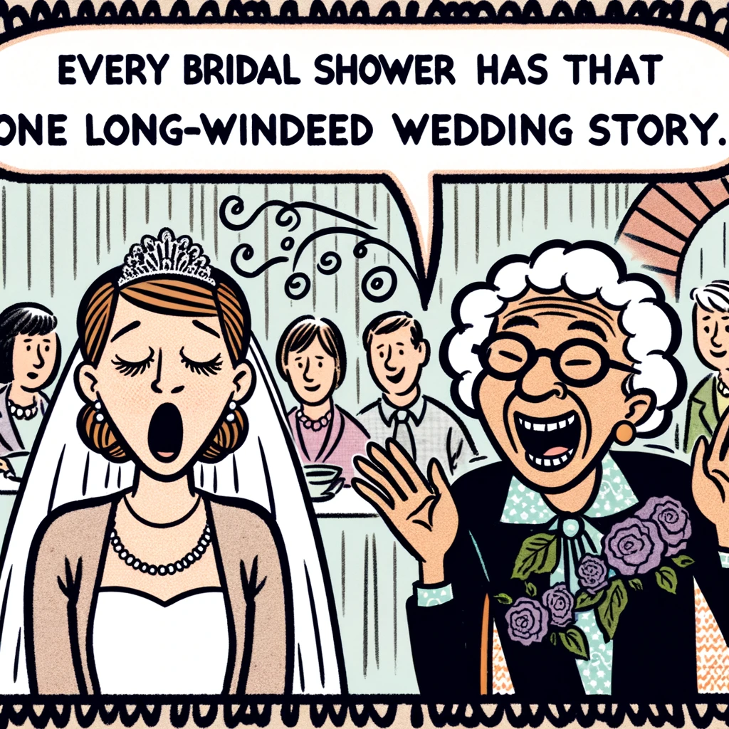 A comical image of a bride yawning while an older relative shares a long and detailed wedding story. The bride looks tired and politely trying to listen. The older relative is animated and enthusiastic, oblivious to the bride's boredom. The background shows a bridal shower setting with other guests. Caption: "Every bridal shower has that one long-winded wedding story..."