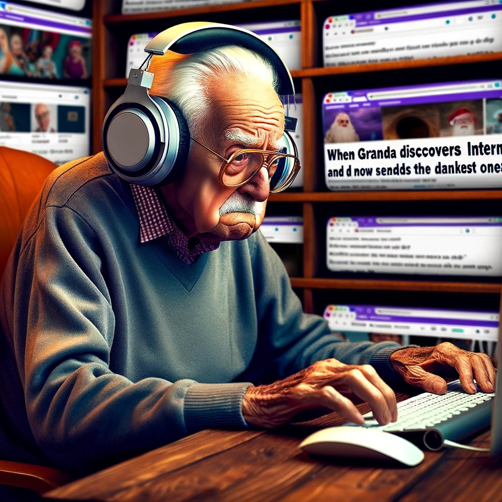 An elderly man wearing oversized headphones, intently focusing on a computer screen with multiple tabs open, suggesting he's discovering internet memes. The scene is humorous, reflecting a tech-savvy grandpa. Caption: "When grandpa discovers internet memes and now sends the dankest ones."