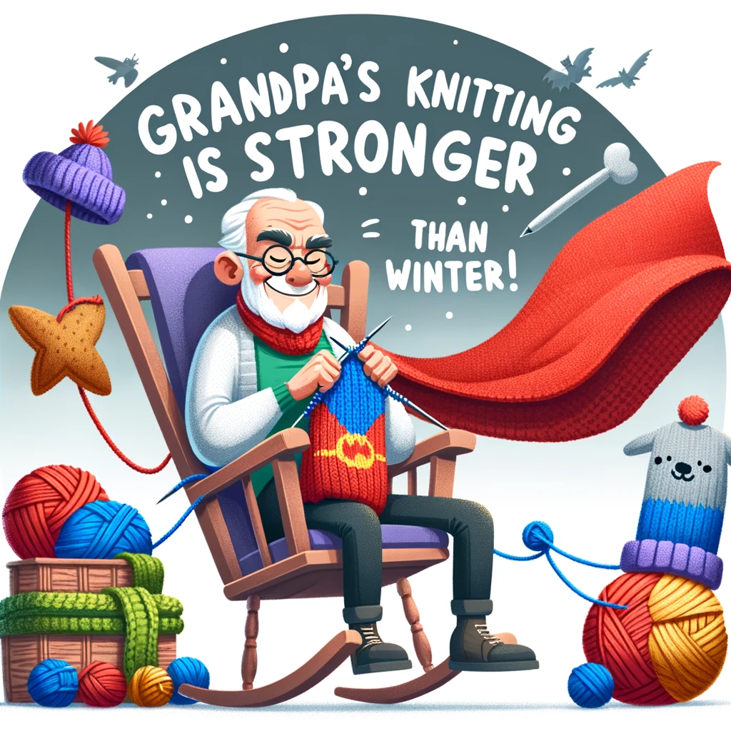A grandpa sitting in a rocking chair, knitting with a mischievous grin. Surrounding him are wild and crazy knitted items like a superhero cape and a giant scarf. The scene is humorous, reflecting an adventurous grandpa. Caption: "Grandpa's knitting game is stronger than winter!"