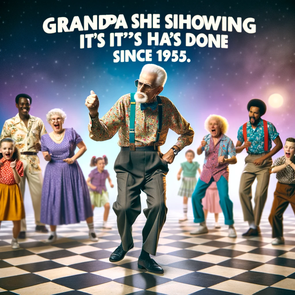 A grandpa in the middle of a dance floor, striking an old-school dance pose with youngsters looking on in amazement. The scene is humorous and energetic, showing a dance battle grandpa. Caption: "Grandpa showing how it's done since 1955."