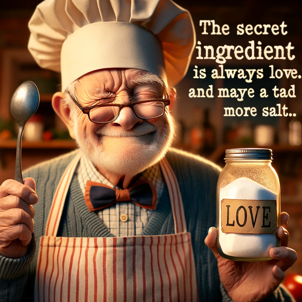 An image of a grandpa in the kitchen, wearing an apron and chef's hat, winking while holding a jar labeled "Love and a bit of salt." The scene is warm and humorous, showing a grandpa's cooking secret. Caption: "The secret ingredient is always love... and maybe a tad more salt."