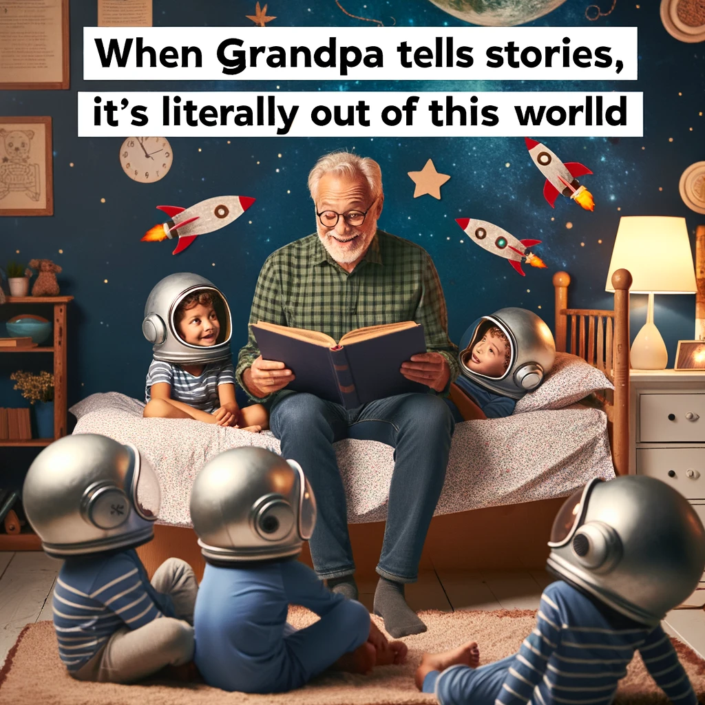 A picture of a grandpa reading a bedtime story to grandchildren, all wearing space helmets. The room is decorated like a spaceship. The scene is imaginative and heartwarming. Caption: "When grandpa tells stories, it's literally out of this world!"