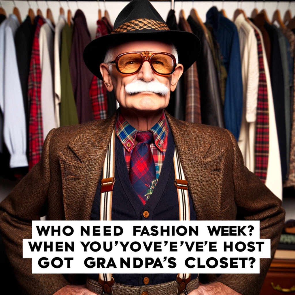 A photo of a grandpa wearing outrageously old-fashioned clothes with extreme confidence. The scene is humorous and stylish, capturing grandpa's fashion throwback. Caption: "Who needs fashion week when you've got grandpa's closet?"