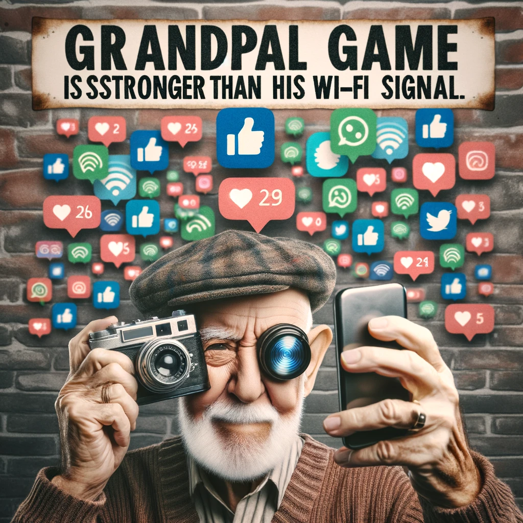 A photo of a grandpa taking a selfie with a vintage camera, with the screen showing a plethora of social media notifications. The scene is humorous and modern, reflecting a social media guru grandpa. Caption: "Grandpa's social game is stronger than his Wi-Fi signal."
