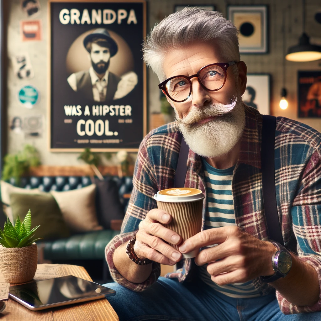 Hipster Grandpa: A stylish older man with a trendy beard, thick-rimmed glasses, and wearing a plaid shirt. He's casually sipping a craft coffee in a modern, cozy cafe setting. The atmosphere is relaxed and hip, with indie music posters on the walls and potted plants. The caption reads, "Grandpa was a hipster before it was cool." The image should have a fun, lighthearted feel, capturing the essence of a cool, modern grandpa who's been hip long before it became mainstream.