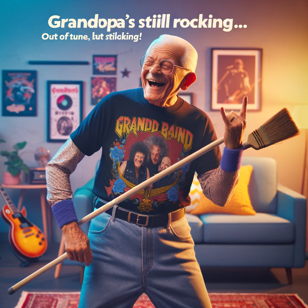 A grandpa in a classic rock band T-shirt, playing air guitar with a broom, looking like he's having a great time. The setting is a cozy living room with rock band posters on the walls. The caption reads, "Grandpa's still rocking... out of tune, but still rocking!" The image should be colorful and lively, capturing the fun and humorous spirit of a rocking grandpa.