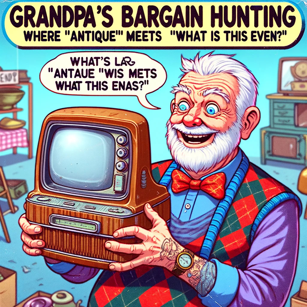 A humorous image of a grandpa at a garage sale or thrift store, triumphantly holding up an old-fashioned, yet absurd item, like a large, outdated electronic device or a bizarre decorative piece. The grandpa looks excited and proud. The setting is cluttered with various items on sale. The caption reads, "Grandpa's bargain hunting - where 'antique' meets 'what is this even?'" The image should be colorful and amusing, emphasizing the grandpa's thrift store adventure.