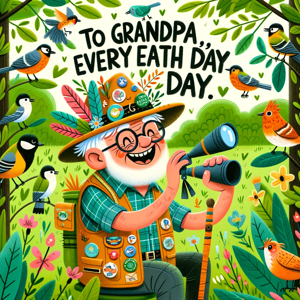 A cheerful image of a grandpa enthusiastically bird watching or gardening, surrounded by plants and birds. He's wearing a hat adorned with many pinned feathers and badges. The grandpa looks joyful and absorbed in nature. The setting is a lush garden or a natural park. The caption reads, "To grandpa, every day is Earth Day." The image should be vibrant and heartwarming, capturing the grandpa's love for nature and his quirky sense of style.
