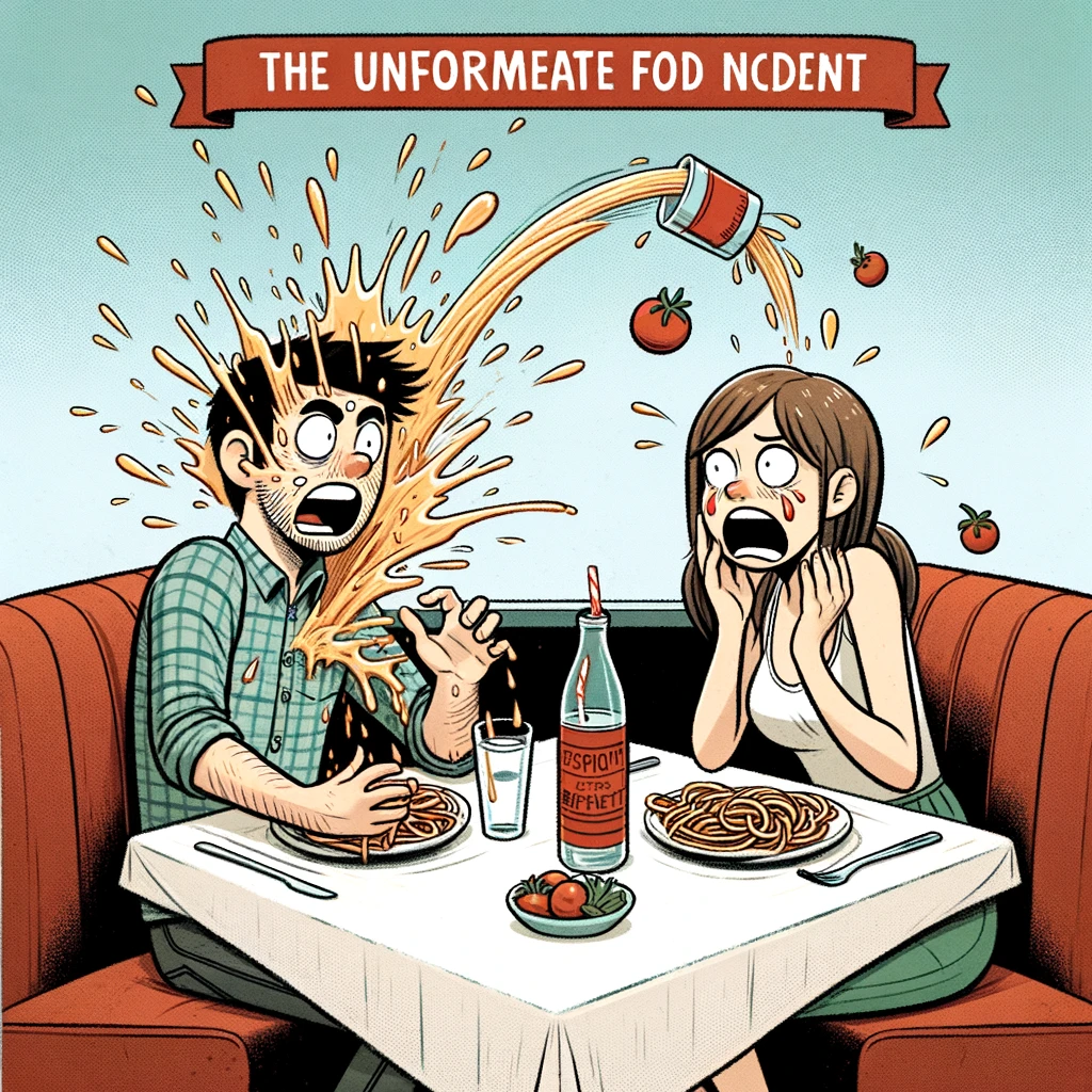 The Unfortunate Food Incident: A humorous picture of a person accidentally spilling food or drink on themselves or their date. The scene shows a clumsy moment, with food or drink in mid-air, about to land on one of the people. The person causing the spill looks horrified and apologetic, while the other person is shocked, with an expression of disbelief. They are sitting at a table in a restaurant, with a meal in progress. Caption: "First date tip: Avoid the spaghetti."