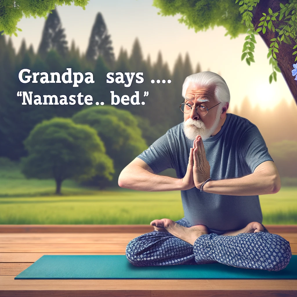 A photo of a grandpa doing yoga or meditating in a peaceful setting, such as a park or a tranquil room, with a humorous twist like struggling to maintain a yoga pose. The grandpa appears focused yet slightly comical. The background should be serene with elements like trees, a yoga mat, and soft lighting. The caption reads, "Grandpa says 'Namaste... in bed.'" The image should be light-hearted, capturing the amusing side of a grandpa's attempt at zen and relaxation.