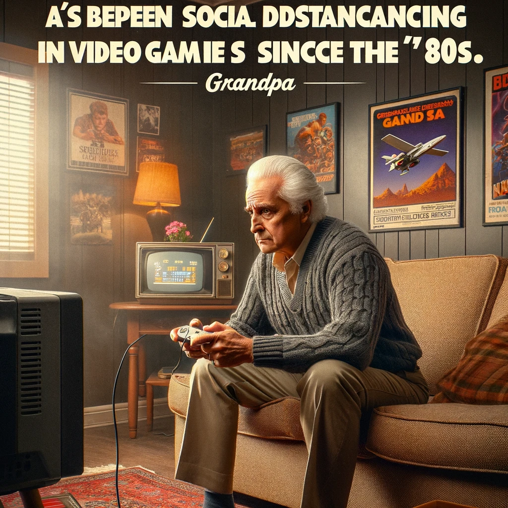An image of a grandpa playing an old-school video game console, sitting on a couch in a living room. The grandpa is focused and has an intense concentration on his face. The room has a vintage feel with posters of classic video games and an old TV. The caption reads, "Grandpa's been social distancing in video games since the '80s." The image should be nostalgic and amusing, highlighting the grandpa's enduring passion for vintage gaming.