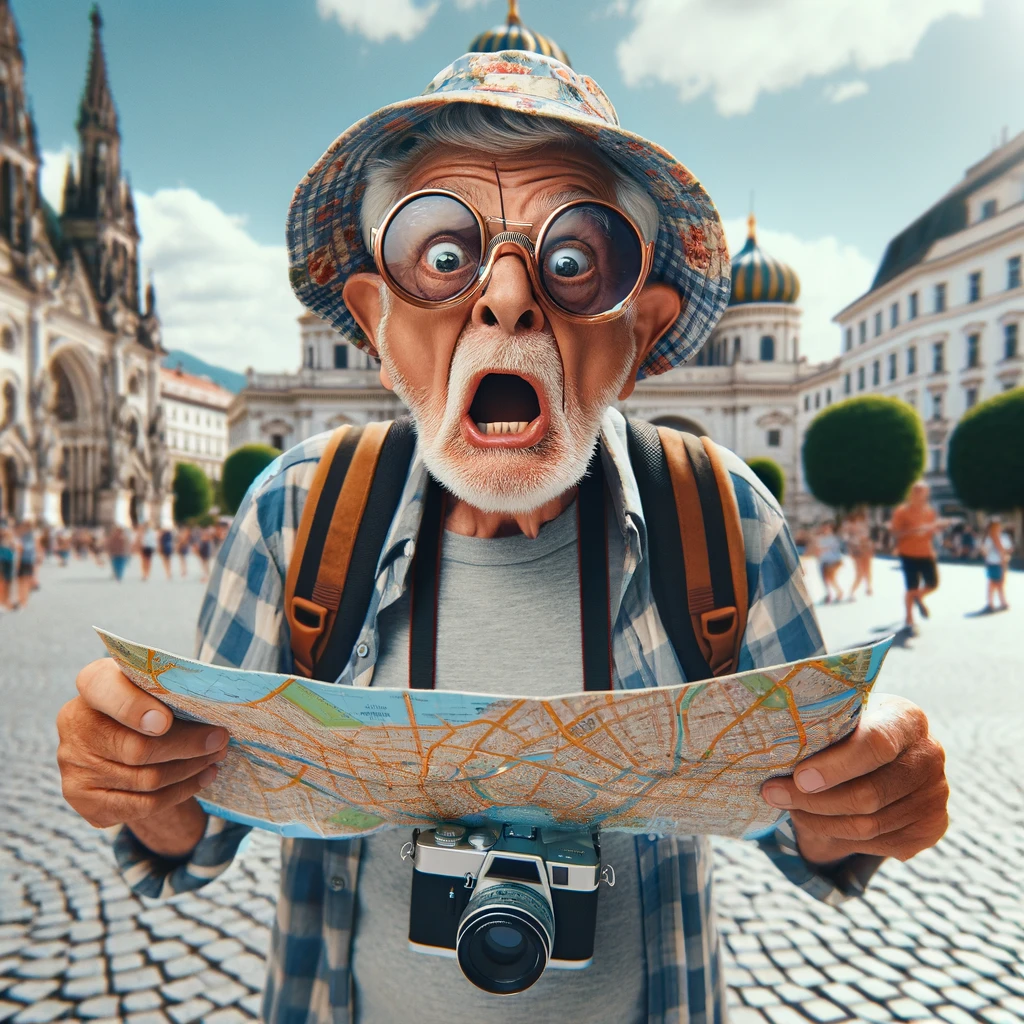 A picture of a grandpa with a comically oversized map, sunglasses, and a tourist hat, standing in a well-known tourist location looking bewildered but excited. The grandpa should look like a typical enthusiastic tourist, with a camera around his neck and a backpack. The setting can be a famous landmark or a busy city street. The caption reads, "Grandpa's travel tip: Getting lost is part of the adventure." The image should be funny and endearing, capturing the grandpa's adventurous spirit.