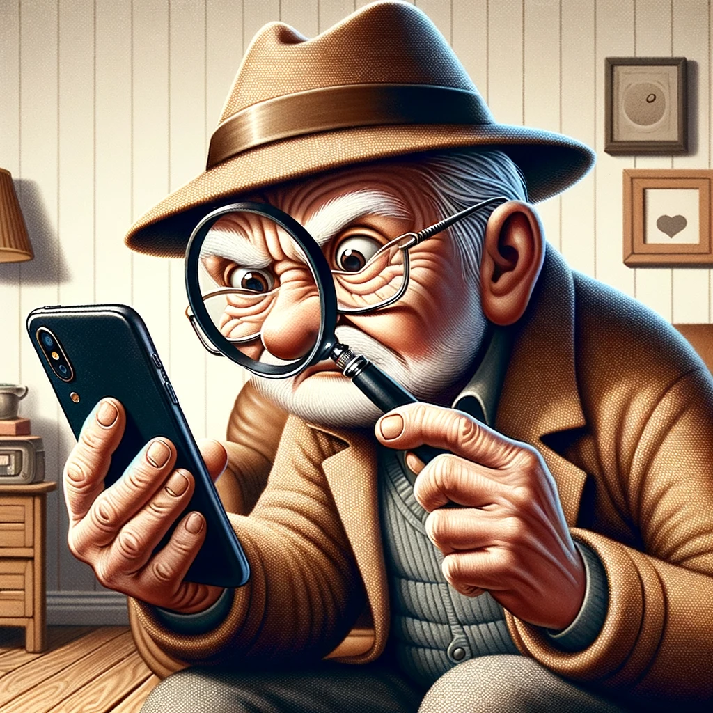 A humorous illustration of an elderly man, dressed as a detective with a hat and holding a magnifying glass, peering closely at a smartphone with a puzzled expression. The setting should be a cozy living room, and the caption at the bottom reads: "Grandpa solving the mystery of emojis." The image should evoke a playful and lighthearted atmosphere, showcasing the grandpa's determination and confusion in a funny way.