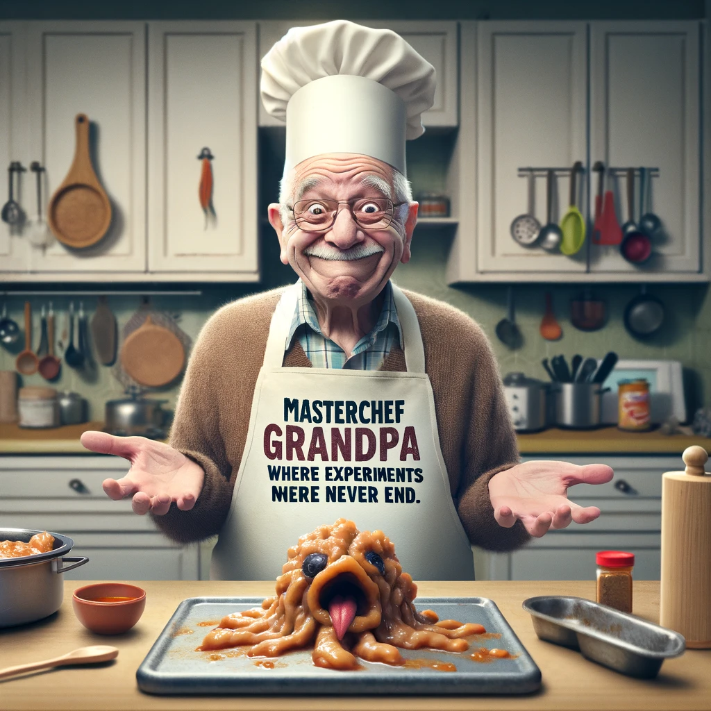 A comical image of a grandfather in a kitchen, wearing a chef's hat and apron, proudly presenting a bizarre and hilariously failed culinary creation. The kitchen setting should be homely and filled with various cooking utensils. The grandpa's expression should be one of pride and excitement, oblivious to the culinary disaster he has created. The caption at the bottom reads: "Masterchef Grandpa - where experiments never end." The image should evoke humor and affection for the grandpa's culinary adventures.