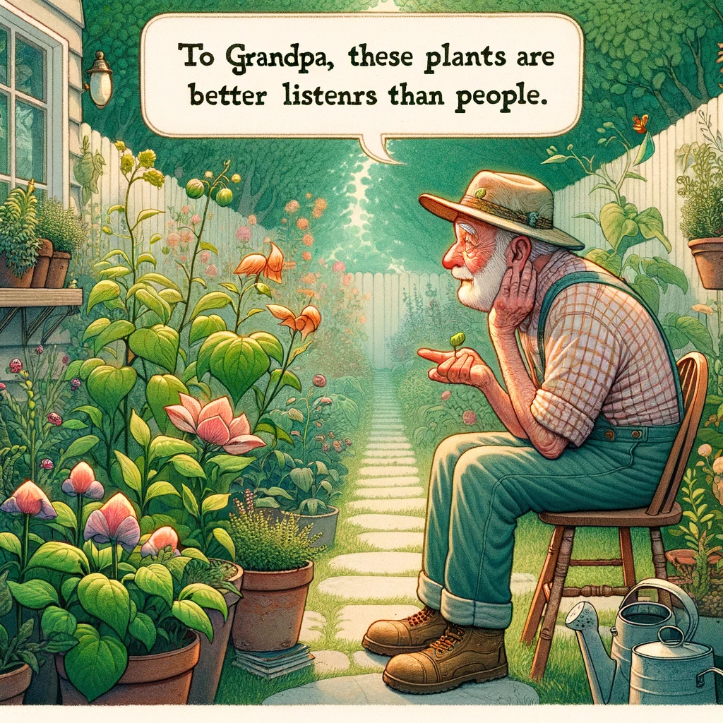 A charming image depicting an elderly man in a garden, talking to his plants with a serious and engaged expression. The garden should be lush and well-tended, filled with a variety of plants. The grandpa, wearing casual gardening clothes and a hat, appears deeply involved in his conversation with the plants. The caption at the bottom of the image reads: "To grandpa, these plants are better listeners than people." The overall tone of the image should be warm and humorous, showcasing the grandpa's love for his garden and his whimsical nature.
