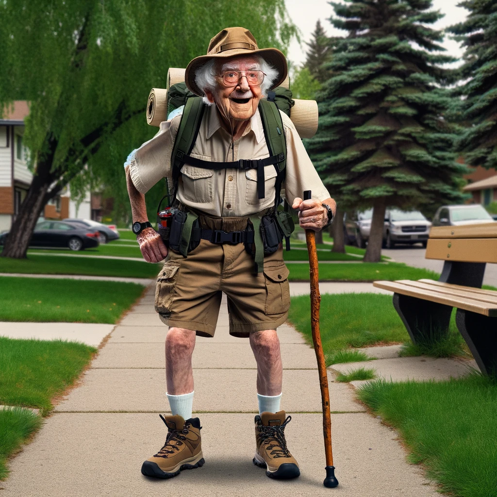An amusing image of an elderly man dressed in hiking gear, including a hat, backpack, and walking stick, standing in a local park that looks like an ordinary suburban area. The grandpa appears ready for a major adventure, with an excited and determined expression. The setting should be a typical park, with trees, a walking path, and a bench. The caption at the bottom reads: "For grandpa, every walk is an epic expedition." The image should be humorous and endearing, highlighting the grandpa's adventurous spirit in a mundane setting.