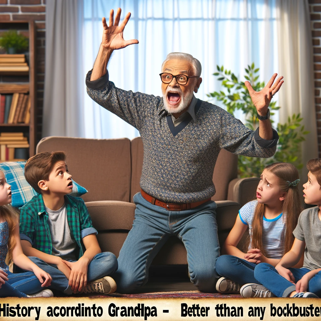 A humorous image of a grandfather animatedly telling historical stories to his grandkids. The grandpa is dressed casually, gesturing dramatically, with an expression of excitement and passion. The grandkids around him should look bewildered and amused by his overly dramatic retelling. The setting could be a living room or a backyard. Include a caption at the bottom: "History according to grandpa - better than any blockbuster." The image should convey the grandpa's enthusiasm and the grandkids' mixed reactions of amusement and confusion.